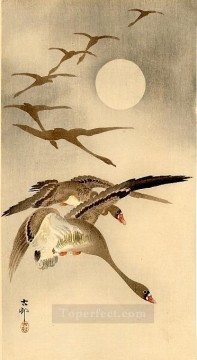  luna - Ocho gansos de frente blanca en vuelo de luna llena detrás de Ohara Koson Shin hanga